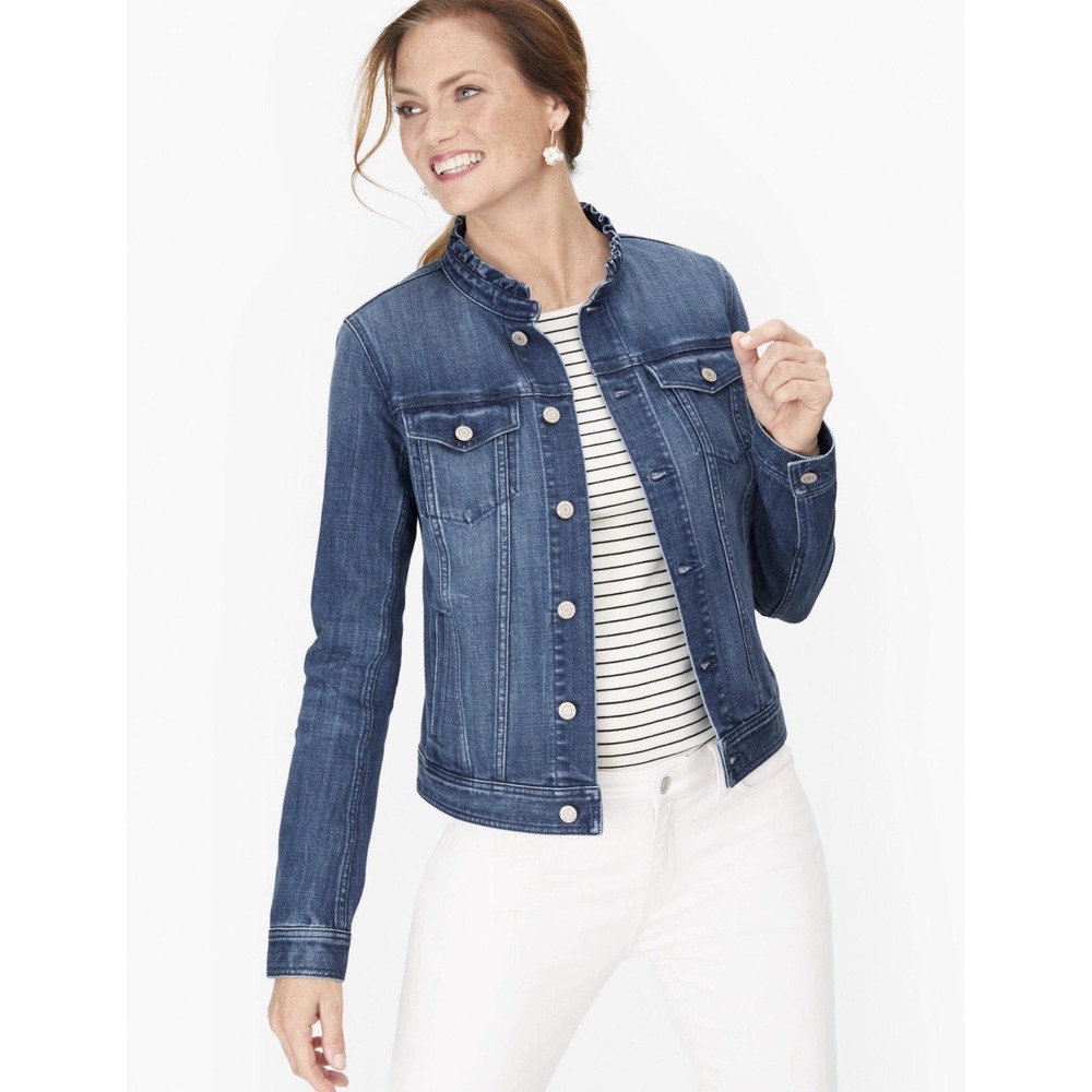 Talbots Ruffle Trim Denim Button Up Classic Cottagecore Boho LS Jacket Sz XS EUC